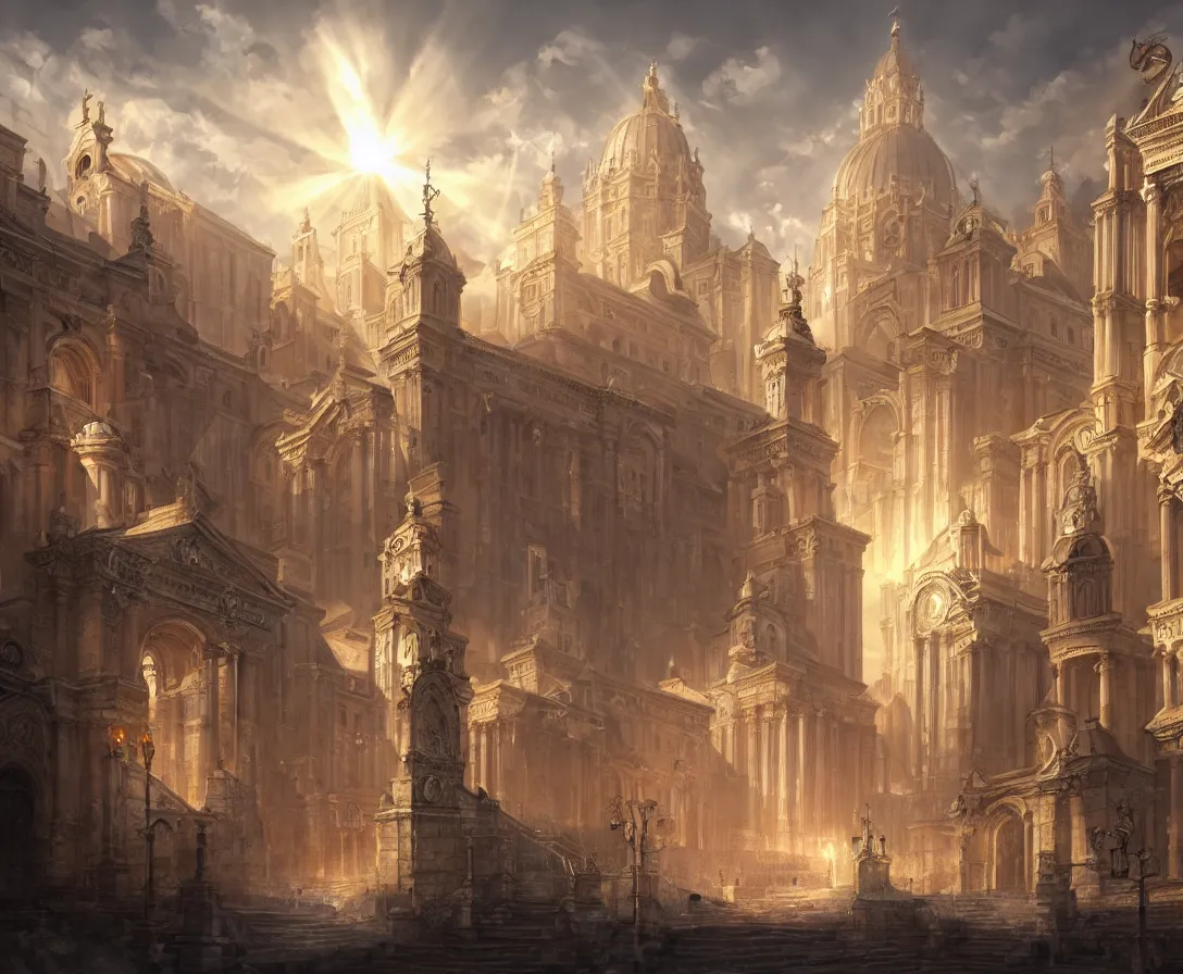 Prompt: highly detailed concept art of authoritarian pearly white medieval city, roman architecture with religious iconography, sunbeams, digital painting, fantasy, d & d, beautiful, illustration