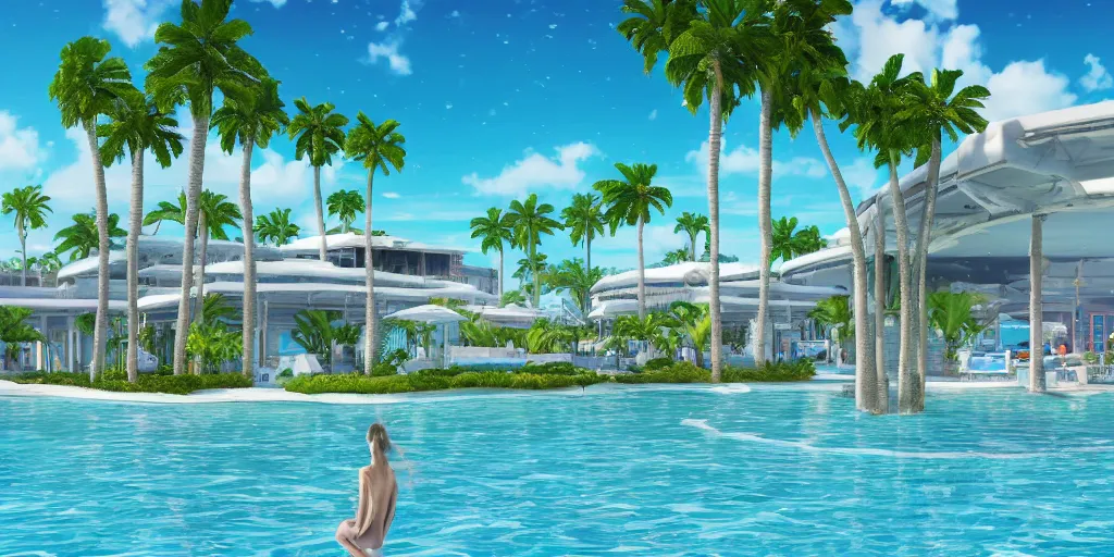 Prompt: hyperrealistic surreal virtual world of a florida keys resort with palm trees around a pool, a surreal vaporwave liminal space, minimalist architecture, metaverse, highly detailed, calming, meditative, dreamscape
