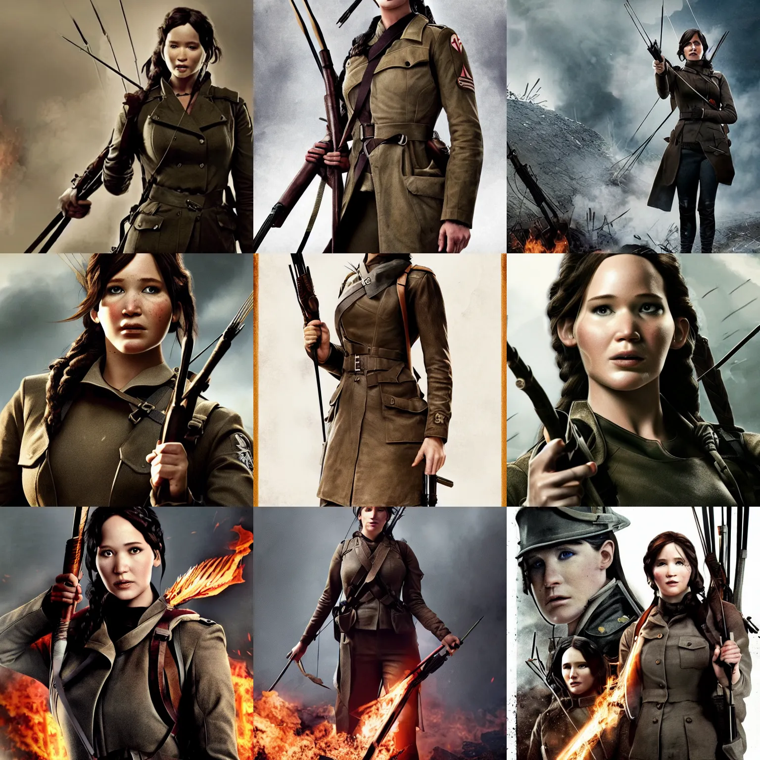 Prompt: ww 1 katniss everdeen wearing a trenchcoat, promotional art for'battlefield 1'