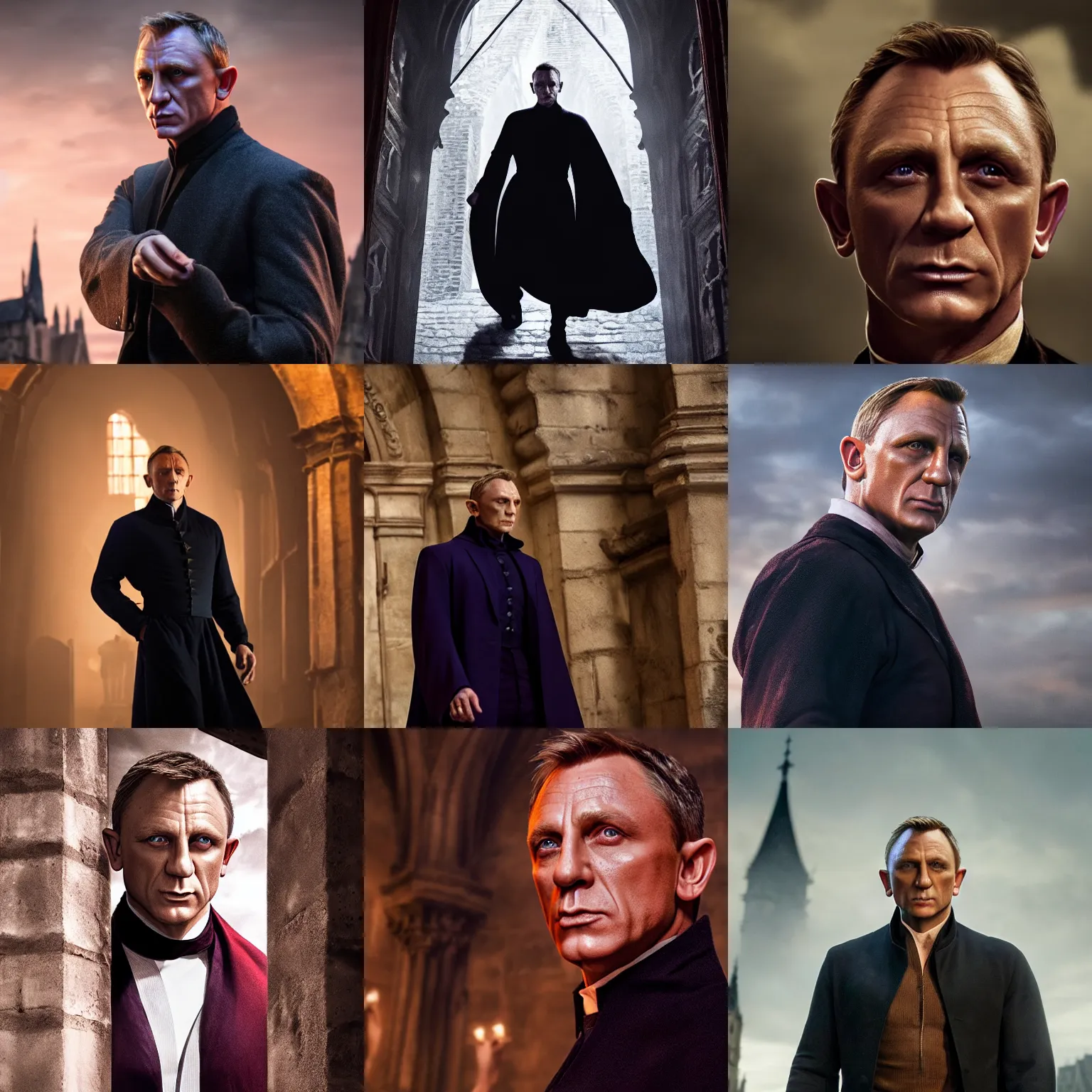 Prompt: daniel craig as count frollo from hunchback of notre dame, detailed, portrait photograph, 8 k hdr movie still, dynamic lighting