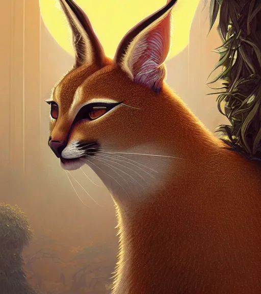 Image similar to closeup portrait of anthropomorphic caracal in vr in golden clothes in orthodox church, darkness noir surrealistic, art by loish, rhads, ferdinand knab, lois van baarle, rossdraws, tom bagshaw, global illumination, radiant light, highly detailed, octane render, 8 k