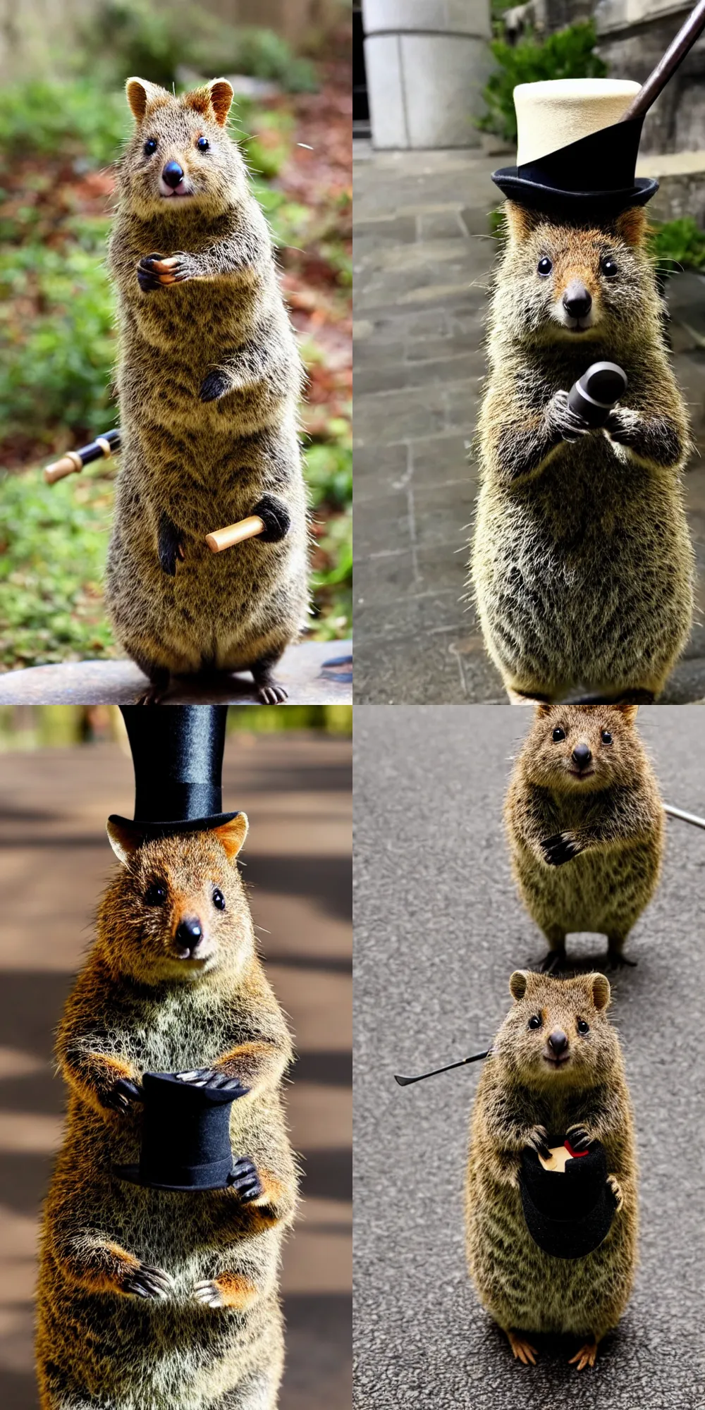 Prompt: photo of a quokka holding a cane and wearing a tall tophat