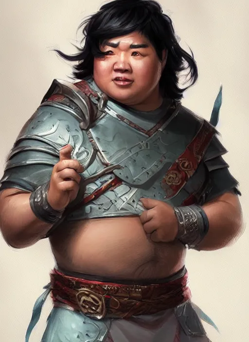Image similar to slightly chubby asian man with medium black parted hair, dndbeyond, bright, colourful, realistic, dnd character portrait, full body, pathfinder, pinterest, art by ralph horsley, dnd, rpg, lotr game design fanart by concept art, behance hd, artstation, deviantart, hdr render in unreal engine 5