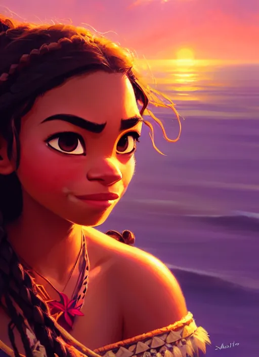 Prompt: portrait of moana, intricate, headshot, key visual, conceptart, ambient lighting, highly detailed, digital painting, artstation, concept art, sharp focus, by makoto shinkai and akihiko yoshida and greg manchess