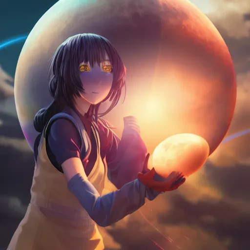 Image similar to An anime girl holding and terraforming a planet on her hands, wide-shot, high detail, 4k, digital art, artstation, 8k, very detailed, 85mm