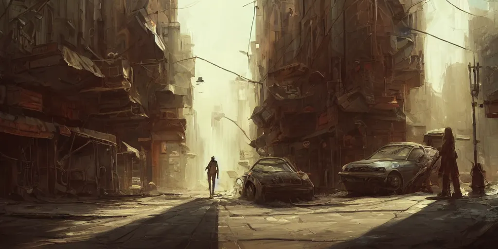 Prompt: a post apocalyptic street scene in the style of Sylvain Sarrailh, the occult, mysterious, strangeness, beautiful digital art, cinematic composition, detailed, concept art, Matt painting, oil painting, high res