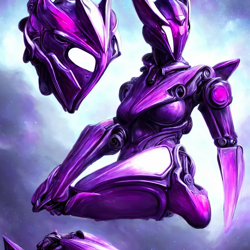 Image similar to cinematic bust shot, cosmic sized proportional stunning beautiful hot female warframe, detailed robot mecha female dragon head, metal ears purple eyes, sleek silver armor, fuschia skin, floating in empty space, nebula sized, posing elegantly, epic proportions, epic size, epic scale, furry art, dragon art, giantess art, warframe fanart, furaffinity, deviantart