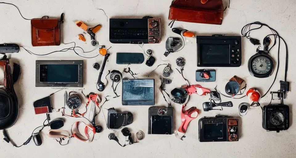 Image similar to a knolling of retro gadgets, overhead shot, flatlay