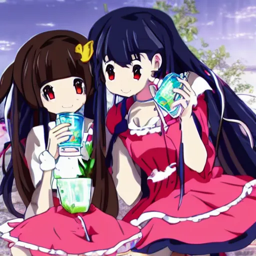 Image similar to two beautiful anime maids staring at the coolaid man. So thirsty.