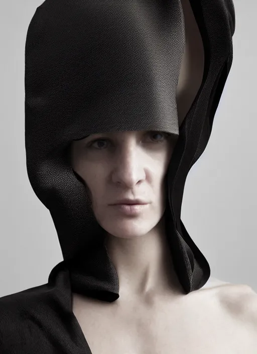 Prompt: asymmetrical dutch-angle high-resolution photograph of ASYMMETRICAL ivory silk isolation-hood dip-dyed gradient-black, STRAITJACKET straps and industrial hardware, inspired by CRYOTHERAPY, designed by ann demeulemeester and nancy grossman, 8k, hyperrealistic, highly textured, dark volumetric lighting, desaturated