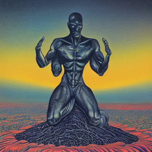 Image similar to an alien meditating in front of a giant black power fist in the center, worshipped by aliens dancing in lava fields by victor moscoso and john berkey