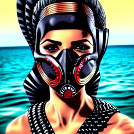 Image similar to a profile photo of a egyptian woman with a diving mask with side profile blood in ocean intricate details by MARVEL comics and Sandra Chevrier-C