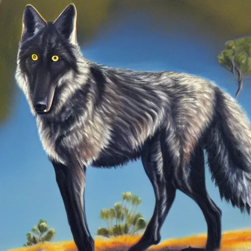 Image similar to black wolf in an australian desert, painting