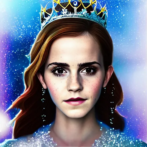 Prompt: portrait shot, emma watson as the queen of ice, ice crystal armor, snow falling, 4 k, digital art, trending on art station, hd, doll, colorful backdrop, film grain, gritty, high res, high detail, 8 k, render