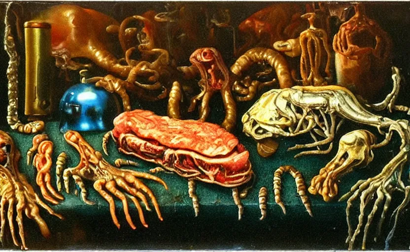 Image similar to strange cronenberg body, disturbing colorful oil painting dutch golden age vanitas still life sparse composition with bizarre objects strange gooey transparent surfaces shiny metal reflections bizarre mutant meat insects rachel ruysch dali todd schorr very detailed perfect composition rule of thirds masterpiece canon 5 0 mm, cinematic lighting, photography, retro, film, kodachrome