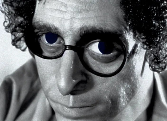 Prompt: a film still of jeff goldbloom from the movie the fly ( 1 9 8 6 ) with very large eyes, promotional photo,