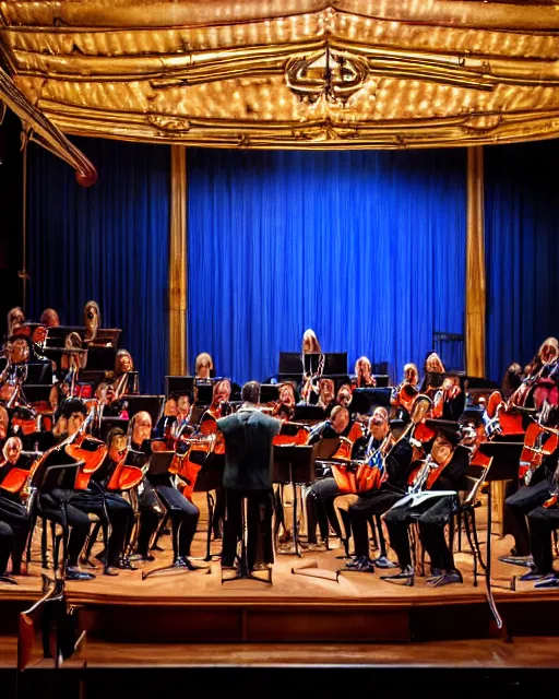 Prompt: long shot portrait of an orchestra conductor on the rostrum, symphony ensemble, baton in motion, motion blur, triadic color scheme, theatre lighting, focus on wand