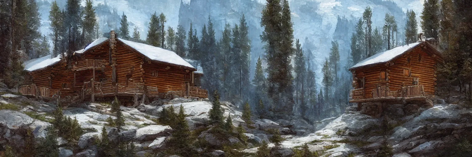 Image similar to a cabin on the side of a mountain in yellowstone, 8k, james gurney, greg rutkowski, john howe, artstation