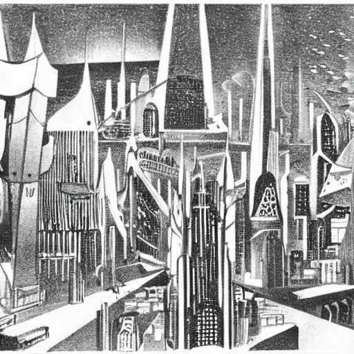 Image similar to futuristic cityscape by Maurice Sendak