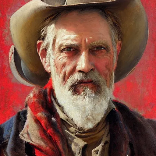Prompt: Solomon Joseph Solomon and Richard Schmid and Jeremy Lipking victorian genre painting portrait painting of a old rugged cowboys gunfighter old west character in fantasy costume, red background