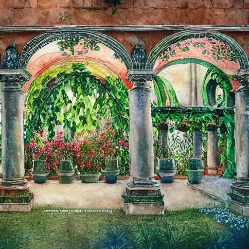 Prompt: delicate garden on paper floating puffy vines old book botanical herbarium botanic watercolors iridescent 8 k wide angle realistic artstation italian rainbow colonnade oak pinecone architecture pompeii