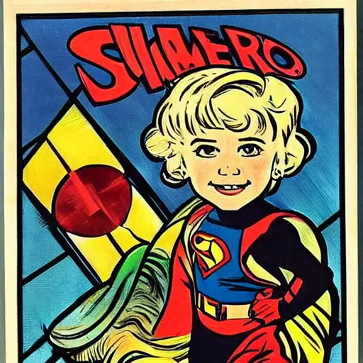 Image similar to a cute little boy with a mischievous face and blonde hair. he is dressed as a superhero. well composed, clean elegant painting, beautiful detailed face. comic book art by steve ditko and jack kirby and ( alphonse mucha )