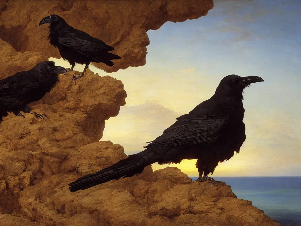 Image similar to a breathtakingly stunningly beautifully highly detailed close up portrait of a raven under a rock arch, epic coves crashing waves plants, beautiful clear harmonious composition, dynamically shot, wonderful strikingly beautiful serene sunset, detailed organic textures, by frederic leighton and rosetti and turner and eugene von guerard, 4 k