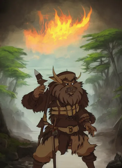 Prompt: bugbear ranger, black beard, dungeons and dragons, hunters gear, flames, character design on white background, by studio ghibli, makoto shinkai