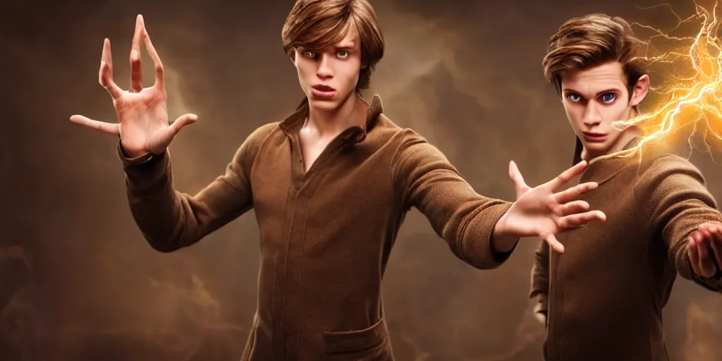 Prompt: a epic scene of a handsome young caucasian male sorcerer with brown hair casting a spell that is emanating from his hands!! indoor, alchemist lab!! action pose, medium shot, deep depth of field, waist up, pixar animation style!!