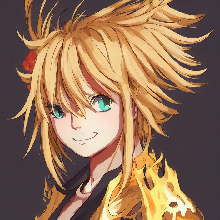 Image similar to portrait of the blond knight of flames, anime fantasy illustration by tomoyuki yamasaki, kyoto studio, madhouse, ufotable, trending on artstation