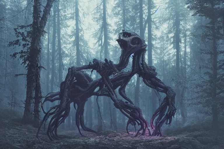 Image similar to creepy eldritch monster in a swedish forest, very low angle photograph, very detailed, trending on artstation, realistic, soft colors, simon stålenhag, lovecraft, horror