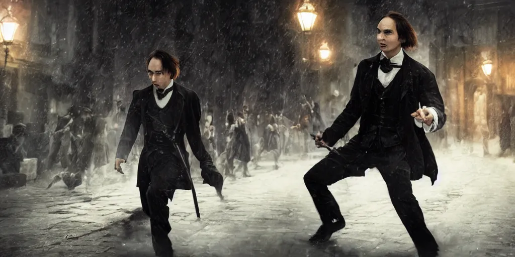 Prompt: frank dillane fighting dracula in victorian london, film still, full body portrait, 3 5 mm, highly detailed, dynamic lighting, intricate, digital painting, liam wong