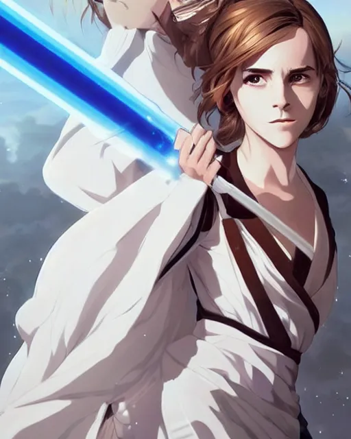 Image similar to An anime portrait of Emma Watson as a beautiful woman in the Star Wars universe with a lightsaber, by Stanley Artgerm Lau, WLOP, Rossdraws, James Jean, Andrei Riabovitchev, Marc Simonetti, and Sakimichan, trending on artstation