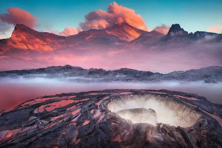 Image similar to amazing landscape photo of mountains with lava lake in sunset by marc adamus beautiful dramatic lighting, Gediminas Pranckevicius