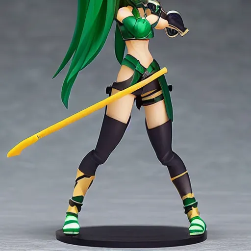 Image similar to league of legends akali as a Figma doll. Posable anime figurine. Kamas-wielding, green facemask, green outfit. Ninja sickle. PVC figure 12in.