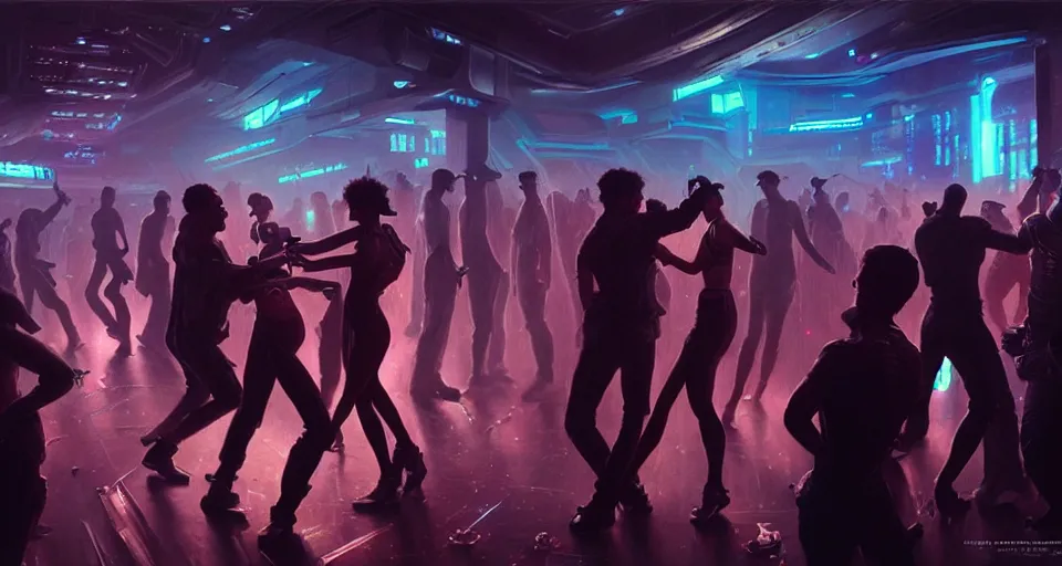 Prompt: hyper realistic sci - fi matte concept art painting of people dancing in a cyberpunk club, beautiful details, strong composition painted by kim jung guweta studio rutkowski, james gurney and greg rutkowski, and lucasfilm, smooth, intricate, detailed, sharp focus, cinematic