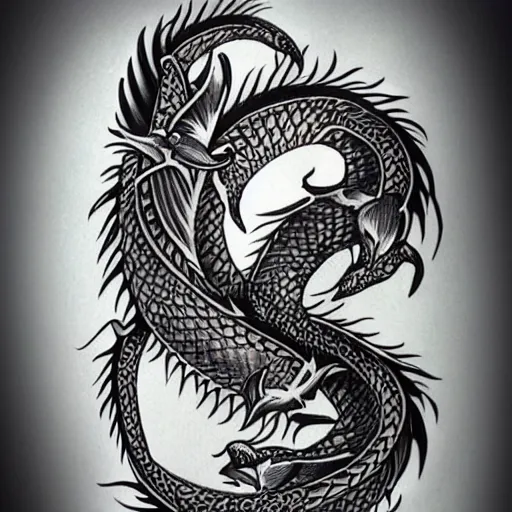 Prompt: tattoo on a man's arm of a hybrid of a dolphin and black dragon, digital art