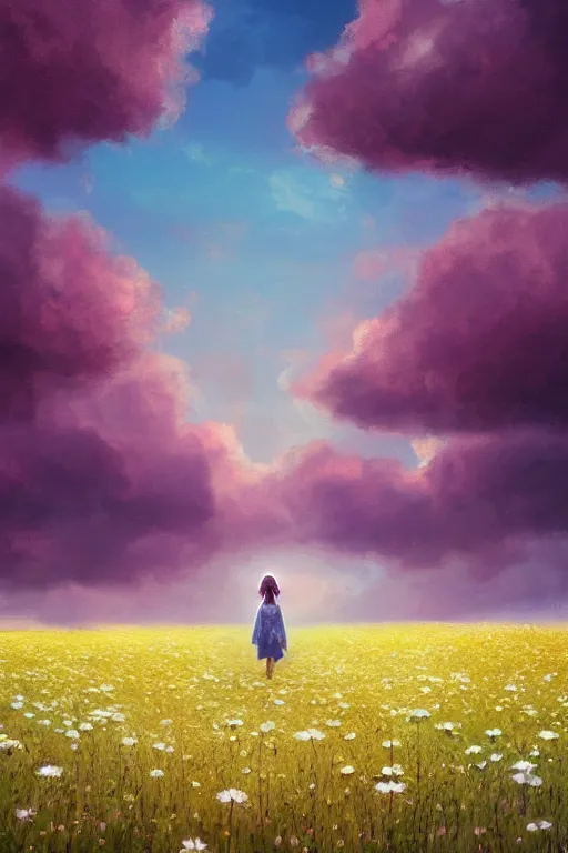 Image similar to white daisy flowers as head veil, girl walking in a flower field, surreal photography, sunrise, dramatic light, impressionist painting, colorful clouds, digital painting, artstation, simon stalenhag