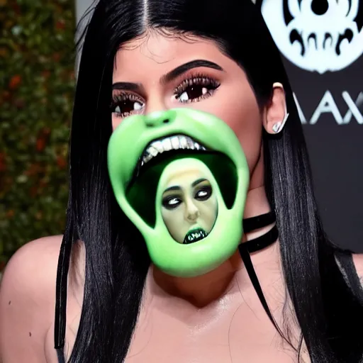 Prompt: kylie jenner held menacingly by an xenomorph, highly detailed, photorealistic, hyper realistic, slime, saliva, smooth