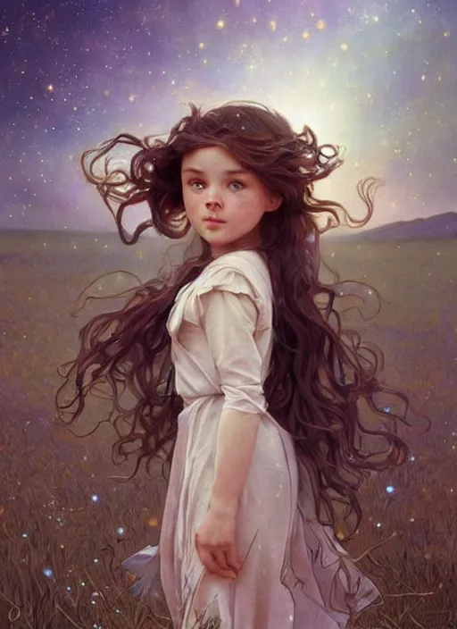 Image similar to A cute little girl with shoulder length curly brown hair. She is standing in a field at night looking up and the sky is filled with constellations. beautiful fantasy art by By Artgerm and Greg Rutkowski and Alphonse Mucha, trending on artstation.