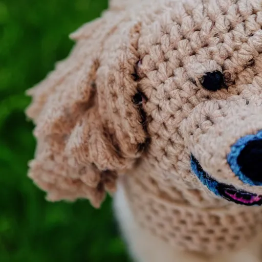 Image similar to a crochet golder retriever, very cute, kawaii, extremely detailed, complex, intricate, Sigma 50mm f/1.4