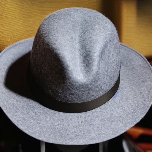 Prompt: a gray felt hat with a brim shaped like a simple king's crown