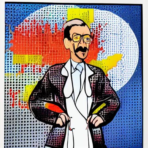 Prompt: a burning chemist in a white coat, modern pop art