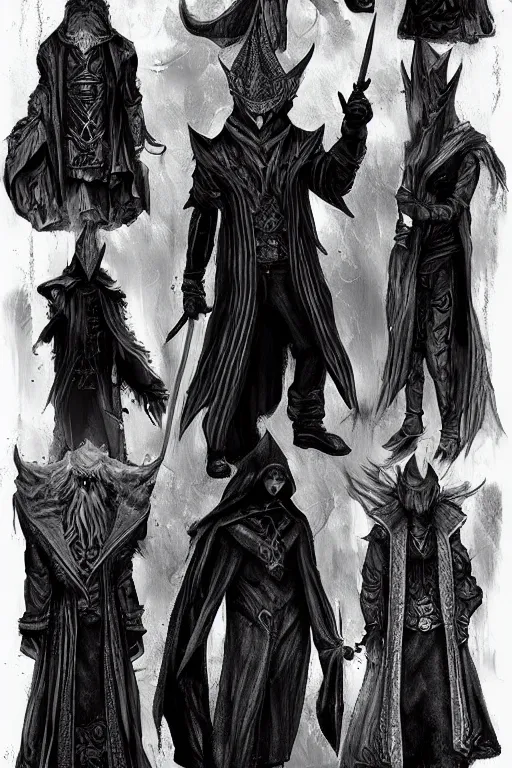 Image similar to wizard style clothing design, menswear, black and white tones, fantasy art