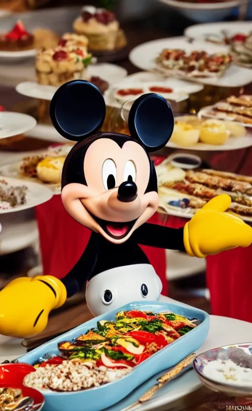 Image similar to mickey mouse on a porcelain tray at a buffet for 5 0 people, photo, photorealistic, realistic, detailed, high quality, high resolution, 8 k, hdr, 8 k quality, 8 k resolution