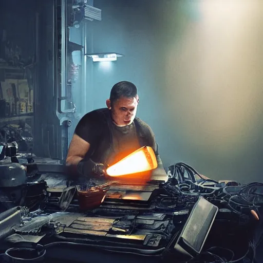 Prompt: augmented human repairing old imac, dark messy smoke - filled cluttered workshop, dark, dramatic lighting, orange tint, cinematic, highly detailed, sci - fi, futuristic, movie still from blade runner
