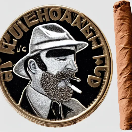 Image similar to A photograph of an unwrapped chocolate coin that is engraved with a young bearded leon redbone smoking a cigar and wearing a greek fisherman's cap, highly detailed, close-up product photo, depth of field, sharp focus, soft lighting