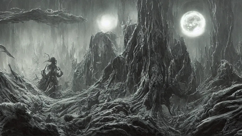 Prompt: eerie atmospheric otherworldly planet by gerald brom and glenn barr, epic cinematic matte painting