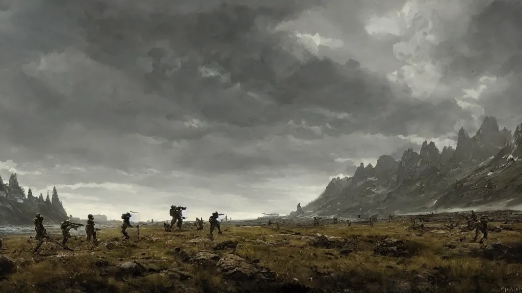 Image similar to a group of soliders in a stunning landscape by jakub rozalski