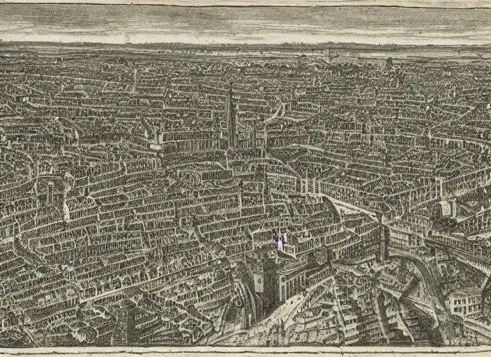 Prompt: detail from Hollar’s Panoramic view of Paris, 1647